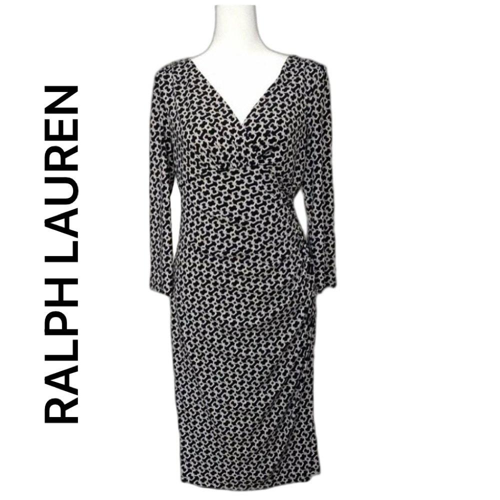Ralph Lauren Wrapped Black Dress With White Chain Link Pattern Size 8